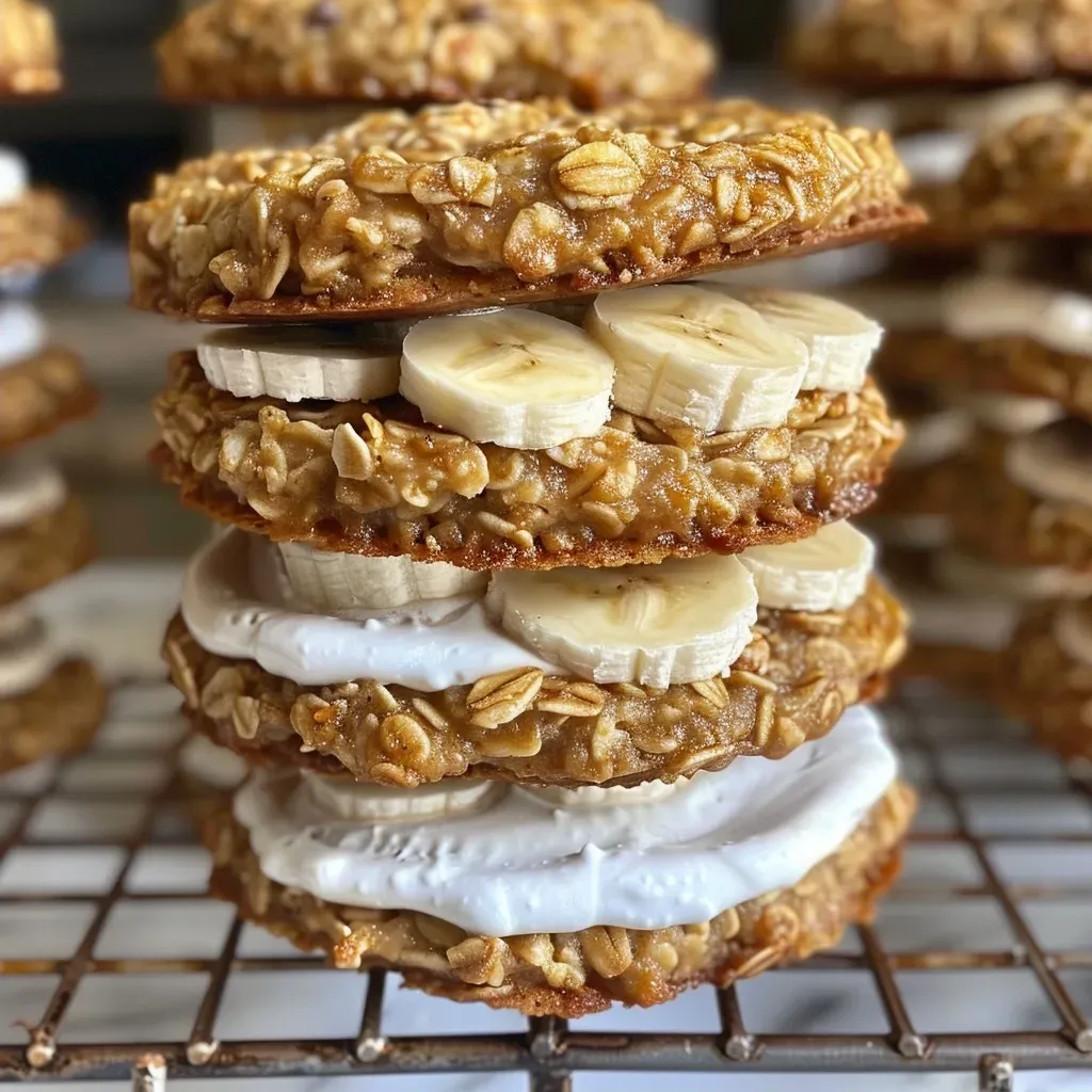 ['Close-up side view of Brown Butter Banana Oatmeal Cream Pies on a plate.', 'Detailed view of golden Brown Butter Banana Oatmeal Cream Pies, showcasing their creamy filling.', 'Side shot of two Brown Butter Banana Oatmeal Cream Pies stacked, highlighting their texture.', 'Tempting close-up of Brown Butter Banana Oatmeal Cream Pies, revealing chocolate chips and oatmeal.']