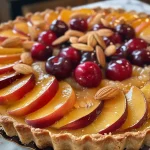 ['Close-up view of a slice of Brown Butter French Fruit Tart, showcasing juicy peaches, red plums, and cherries on a golden crust.', 'Side view of a Brown Butter French Fruit Tart with fresh fruit toppings and a rich, buttery filling.', 'Detailed look at a Brown Butter French Fruit Tart, highlighting its baked crust and colorful fruits.', 'Close-up image of a delicious Brown Butter French Fruit Tart, featuring glistening fruits atop a creamy filling.']