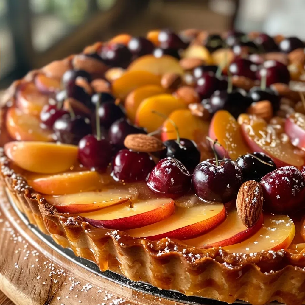 ['Close-up view of a slice of Brown Butter French Fruit Tart, showcasing juicy peaches, red plums, and cherries on a golden crust.', 'Side view of a Brown Butter French Fruit Tart with fresh fruit toppings and a rich, buttery filling.', 'Detailed look at a Brown Butter French Fruit Tart, highlighting its baked crust and colorful fruits.', 'Close-up image of a delicious Brown Butter French Fruit Tart, featuring glistening fruits atop a creamy filling.']