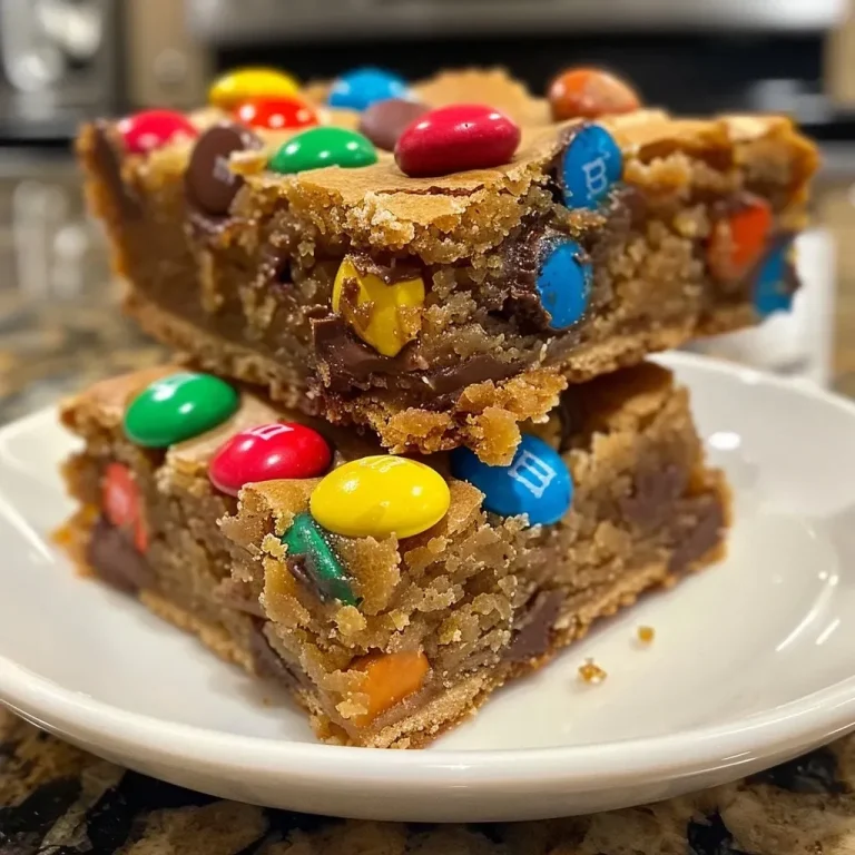 ['Close-up side view of golden brown butter blondies studded with colorful M&M candies.', 'Deliciously gooey brown butter blondies with vibrant M&M pieces and a sprinkle of flaky sea salt.', 'Rich, dense blondies featuring melted butter, M&Ms, and semi-sweet chocolate chips in a mouthwatering side angle.', 'Succulent blondies with a golden crust and colorful M&Ms, showing a tempting side view.']