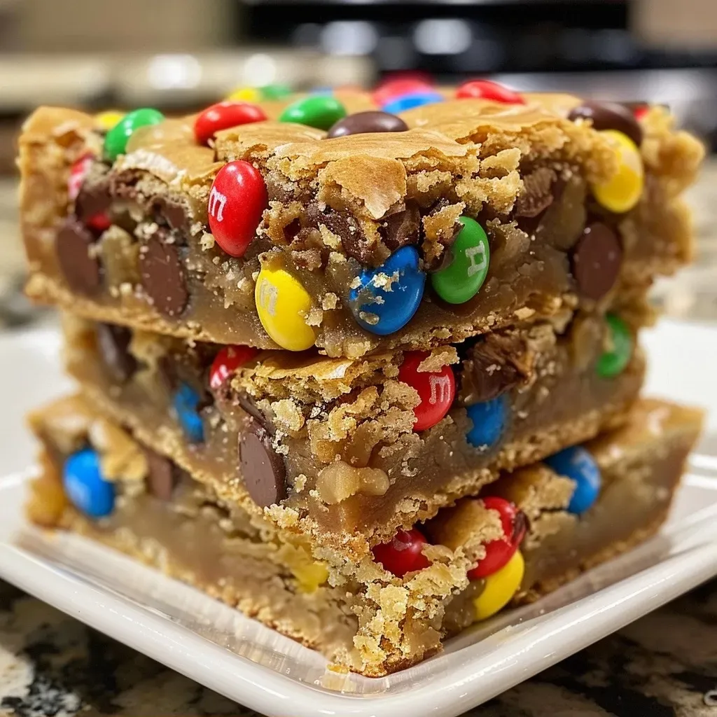 ['Close-up side view of golden brown butter blondies studded with colorful M&M candies.', 'Deliciously gooey brown butter blondies with vibrant M&M pieces and a sprinkle of flaky sea salt.', 'Rich, dense blondies featuring melted butter, M&Ms, and semi-sweet chocolate chips in a mouthwatering side angle.', 'Succulent blondies with a golden crust and colorful M&Ms, showing a tempting side view.']