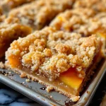 ['Close-up side view of a golden-brown butter nectarine crumble bar with a crispy topping.', 'Juicy nectarine crumble bars with a crunchy almond topping, captured in natural light.', 'A delicious slice of brown butter nectarine crumble bar with visible layers of fruit and crumble.', 'Side view of a freshly baked nectarine crumble bar, showcasing its buttery texture and vibrant nectarines.']