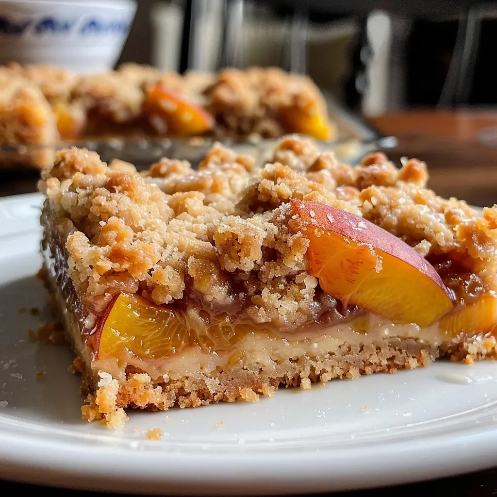 ['Close-up side view of a golden-brown butter nectarine crumble bar with a crispy topping.', 'Juicy nectarine crumble bars with a crunchy almond topping, captured in natural light.', 'A delicious slice of brown butter nectarine crumble bar with visible layers of fruit and crumble.', 'Side view of a freshly baked nectarine crumble bar, showcasing its buttery texture and vibrant nectarines.']