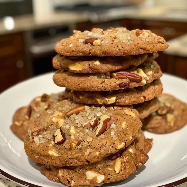 ['Close-up view of golden brown butter pecan cookies with a rich texture.', 'Side profile of freshly baked brown butter pecan cookies showing their crispy edges and soft centers.', 'Detailed shot of a stack of brown butter pecan cookies, highlighting the caramel color and chopped pecans.', 'Close view of aromatic brown butter pecan cookies placed on a cooling rack.']