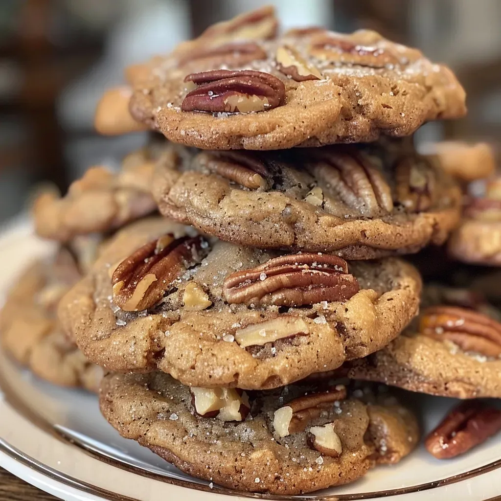 ['Close-up view of golden brown butter pecan cookies with a rich texture.', 'Side profile of freshly baked brown butter pecan cookies showing their crispy edges and soft centers.', 'Detailed shot of a stack of brown butter pecan cookies, highlighting the caramel color and chopped pecans.', 'Close view of aromatic brown butter pecan cookies placed on a cooling rack.']