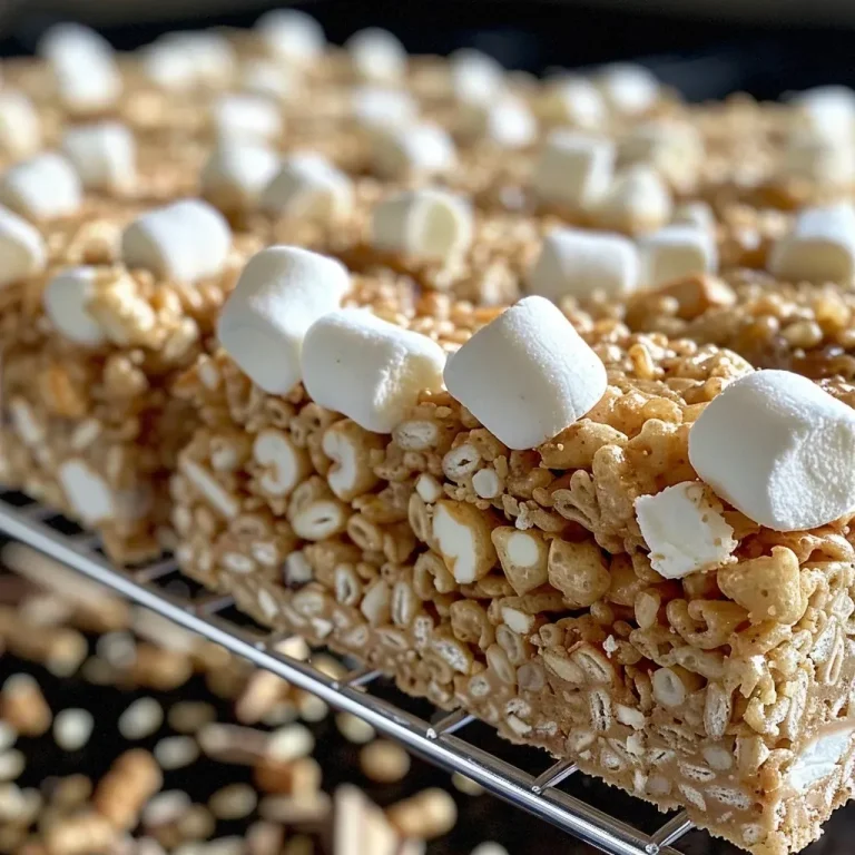['A close-up side view of Brown Butter Rice Krispie Treats topped with toffee crunch.', 'A delicious stack of Brown Butter Rice Krispie Treats with visible chunks of toffee on top.', 'An appetizing side shot of Brown Butter Rice Krispie Treats showcasing their gooey texture and toffee pieces.', 'A vibrant close-up of crispy treats made with brown butter, marshmallows, and crunchy toffee bits.']