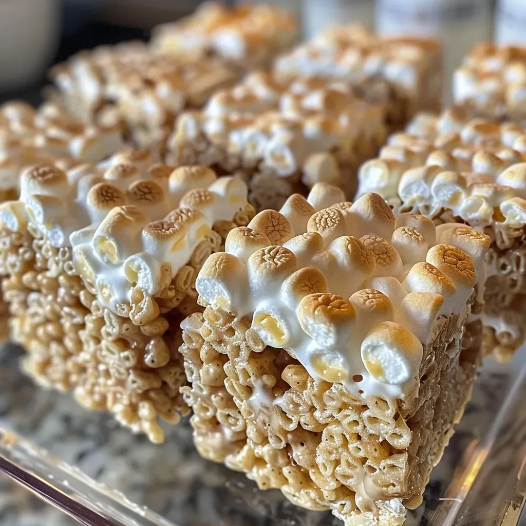 ['A close-up side view of Brown Butter Rice Krispie Treats topped with toffee crunch.', 'A delicious stack of Brown Butter Rice Krispie Treats with visible chunks of toffee on top.', 'An appetizing side shot of Brown Butter Rice Krispie Treats showcasing their gooey texture and toffee pieces.', 'A vibrant close-up of crispy treats made with brown butter, marshmallows, and crunchy toffee bits.']