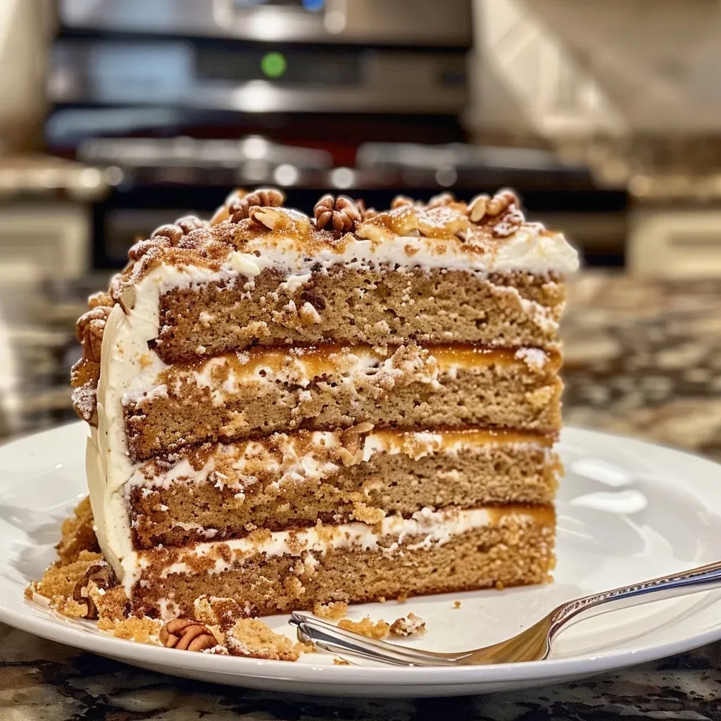 ['Close-up of a moist brown sugar cinnamon cake layered with creamy frosting.', 'Side view of a decadent brown sugar cinnamon dessert showcasing its rich layers.', 'Textured close-up of a brown sugar cinnamon layer cake with a glossy finish.', 'Detailed view of a slice of brown sugar cinnamon cake adorned with candied pecans.']