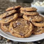 ['Close-up side view of a gooey, browned butter toffee chocolate chip cookie with a golden-brown color.', 'Side perspective of a freshly baked chocolate chip cookie, highlighting its chewy texture and toffee bits.', 'Deliciously golden and chunky chocolate chip cookie with glistening toffee pieces viewed from the side.', 'Close-up of a decadent cookie showcasing melted chocolate chunks and a crispy exterior.']