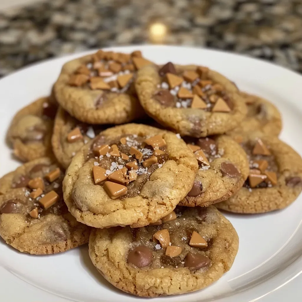 ['Close-up side view of a gooey, browned butter toffee chocolate chip cookie with a golden-brown color.', 'Side perspective of a freshly baked chocolate chip cookie, highlighting its chewy texture and toffee bits.', 'Deliciously golden and chunky chocolate chip cookie with glistening toffee pieces viewed from the side.', 'Close-up of a decadent cookie showcasing melted chocolate chunks and a crispy exterior.']