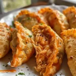['Close-up view of crispy Buffalo Chicken Bites with a golden-brown exterior.', 'Juicy Buffalo Chicken Bites arranged on a plate, showcasing their cheesy filling.', 'Side angle of Buffalo Chicken Bites, highlighting the texture and color of the dish.', 'Plate of Buffalo Chicken Bites served with dipping sauce, emphasizing their appetizing appearance.']