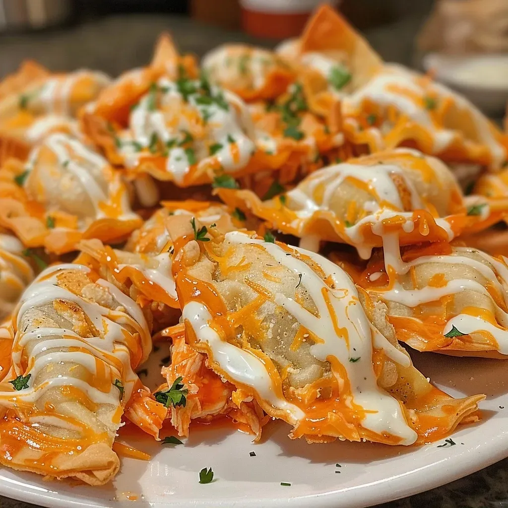 ['Close-up view of crispy Buffalo Chicken Bites with a golden-brown exterior.', 'Juicy Buffalo Chicken Bites arranged on a plate, showcasing their cheesy filling.', 'Side angle of Buffalo Chicken Bites, highlighting the texture and color of the dish.', 'Plate of Buffalo Chicken Bites served with dipping sauce, emphasizing their appetizing appearance.']