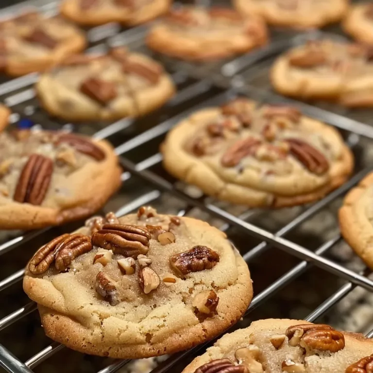 ['Close-up view of freshly baked Butter Pecan Cookies with a golden-brown color and pecan halves on top.', 'Side view of Butter Pecan Cookies showcasing their chewy texture and crispy edges.', 'Juicy Butter Pecan Cookies arranged on a plate, emphasizing their rich, buttery appearance.', 'Detailed shot of Butter Pecan Cookies, highlighting the chopped pecans and shiny surface.']