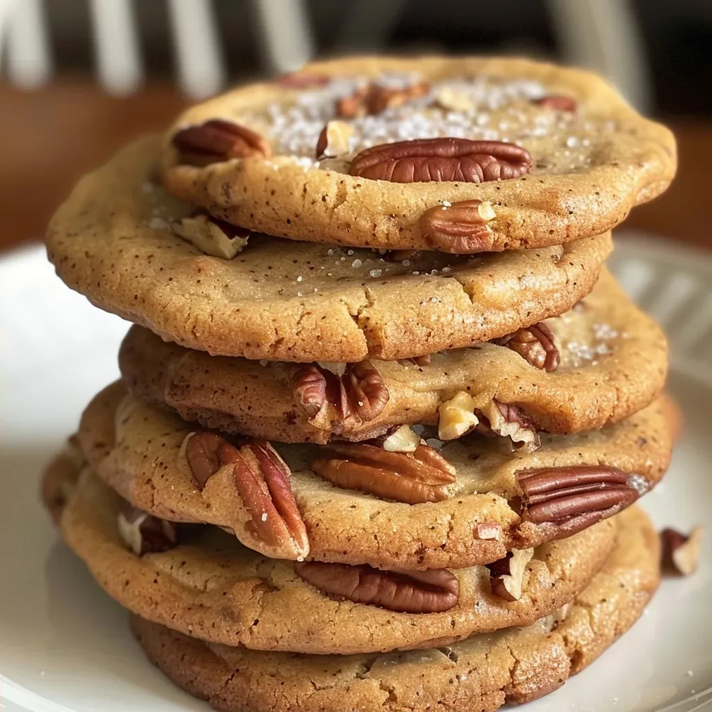 ['Close-up view of freshly baked Butter Pecan Cookies with a golden-brown color and pecan halves on top.', 'Side view of Butter Pecan Cookies showcasing their chewy texture and crispy edges.', 'Juicy Butter Pecan Cookies arranged on a plate, emphasizing their rich, buttery appearance.', 'Detailed shot of Butter Pecan Cookies, highlighting the chopped pecans and shiny surface.']