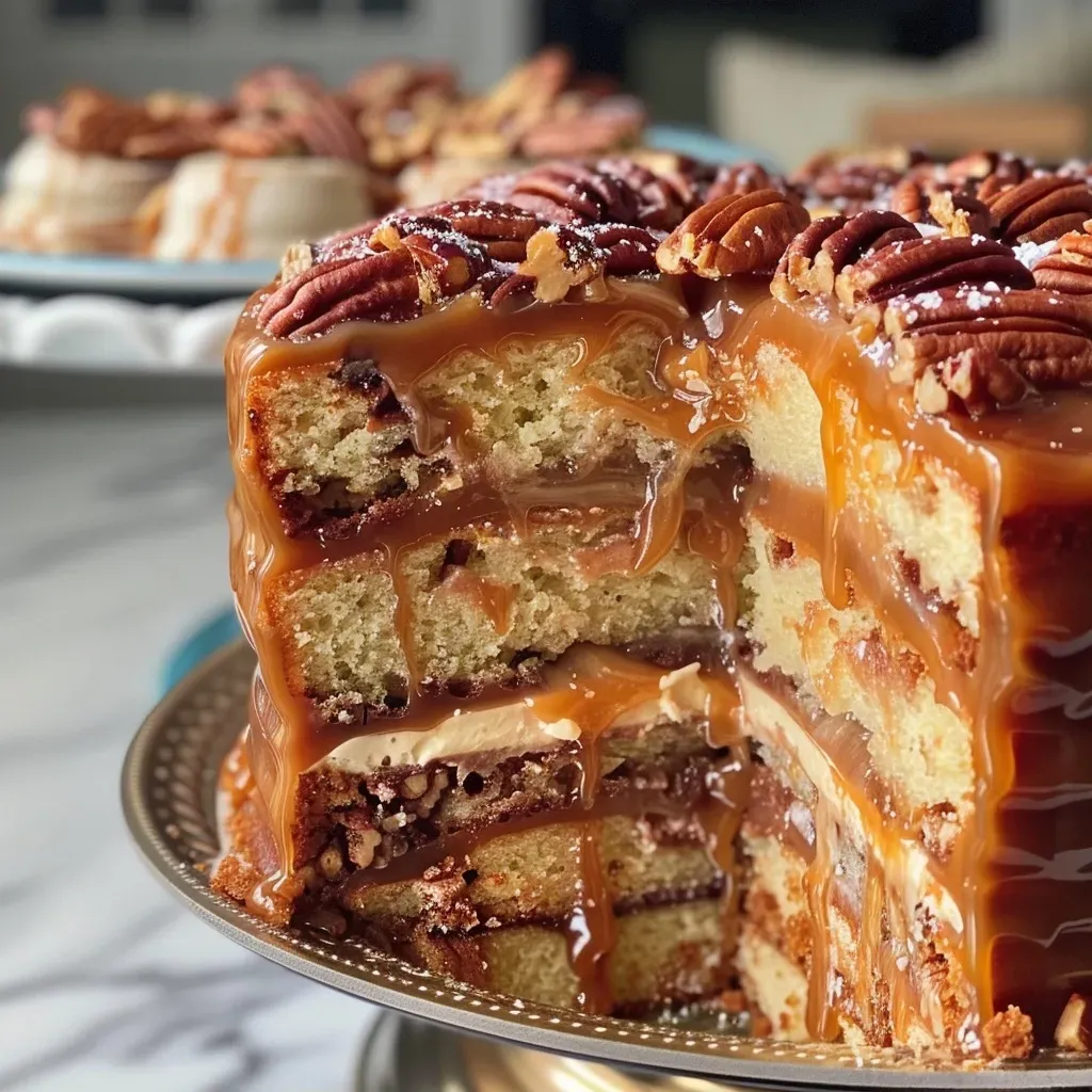 ['Close-up side view of a Buttered Pecan Caramel Cake with caramel drizzling.', 'Juicy Buttered Pecan Caramel Cake showing layers and pecans on top.', 'Detailed side shot of Buttered Pecan Caramel Cake with a glossy caramel finish.', 'Rich Buttered Pecan Caramel Cake featuring chopped pecans and caramel sauce.']