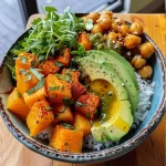 ['Close-up view of colorful Butternut Squash Buddha Bowl with vibrant ingredients.', 'Side angle of a delicious Butternut Squash Buddha Bowl featuring squash and greens.', 'Juicy Butternut Squash Buddha Bowl filled with various fresh ingredients and textures.', 'Detailed shot of a Butternut Squash Buddha Bowl showcasing its colorful components.']