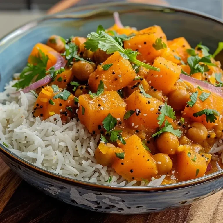 ['Close-up of a vibrant butternut squash and chickpea curry in a bowl, accented with fresh coriander.', 'Side view of a creamy butternut squash curry with chickpeas and spices, garnished with chopped herbs.', 'A delicious serving of roasted butternut squash and chickpeas in sauce, showcasing colorful ingredients.', 'A rich and inviting bowl of curry featuring butternut squash, chickpeas, and a sprinkle of coriander.']