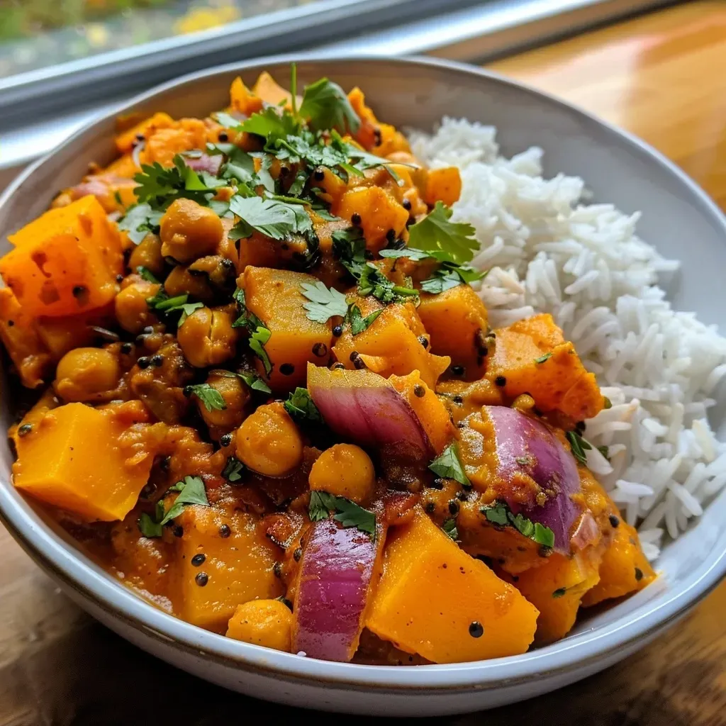 ['Close-up of a vibrant butternut squash and chickpea curry in a bowl, accented with fresh coriander.', 'Side view of a creamy butternut squash curry with chickpeas and spices, garnished with chopped herbs.', 'A delicious serving of roasted butternut squash and chickpeas in sauce, showcasing colorful ingredients.', 'A rich and inviting bowl of curry featuring butternut squash, chickpeas, and a sprinkle of coriander.']