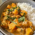['A close-up view of a bowl of Butternut Squash Curry with vibrant colors and textures.', 'Side view of a delicious Butternut Squash Curry garnished with green kale and spices.', 'A steaming bowl of Butternut Squash Curry featuring cubed squash, coconut milk, and herbs.', 'An appetizing image of Butternut Squash Curry showing its rich, creamy consistency and colorful ingredients.']
