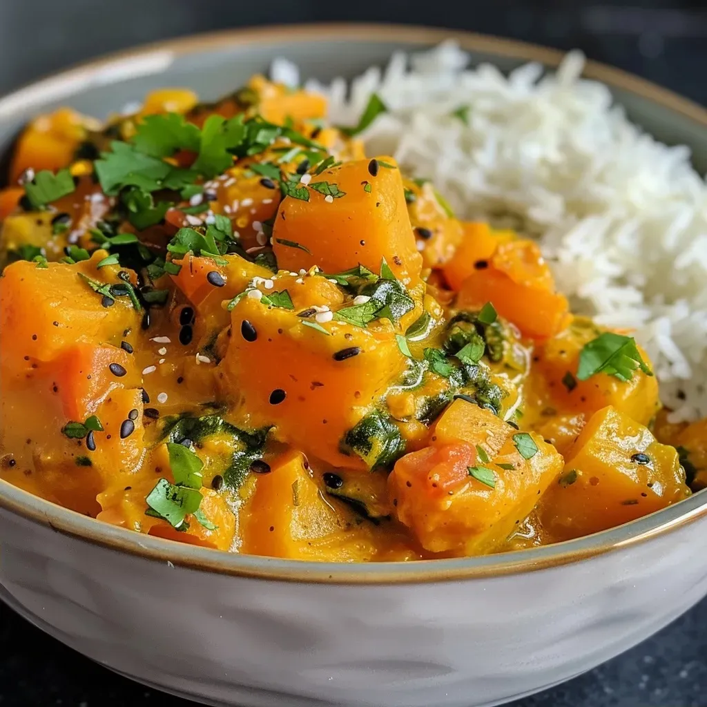 ['A close-up view of a bowl of Butternut Squash Curry with vibrant colors and textures.', 'Side view of a delicious Butternut Squash Curry garnished with green kale and spices.', 'A steaming bowl of Butternut Squash Curry featuring cubed squash, coconut milk, and herbs.', 'An appetizing image of Butternut Squash Curry showing its rich, creamy consistency and colorful ingredients.']