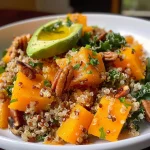 ['Close-up view of a vibrant butternut squash quinoa salad with candied pecans and kale.', 'Side view of a colorful salad featuring cubed butternut squash and chopped kale, topped with pecans.', 'Juicy quinoa salad with roasted butternut squash, kale, and glazed pecans set on a wooden table.', 'Tasty salad filled with quinoa, butternut squash, and leafy kale, garnished with maple pecans.']