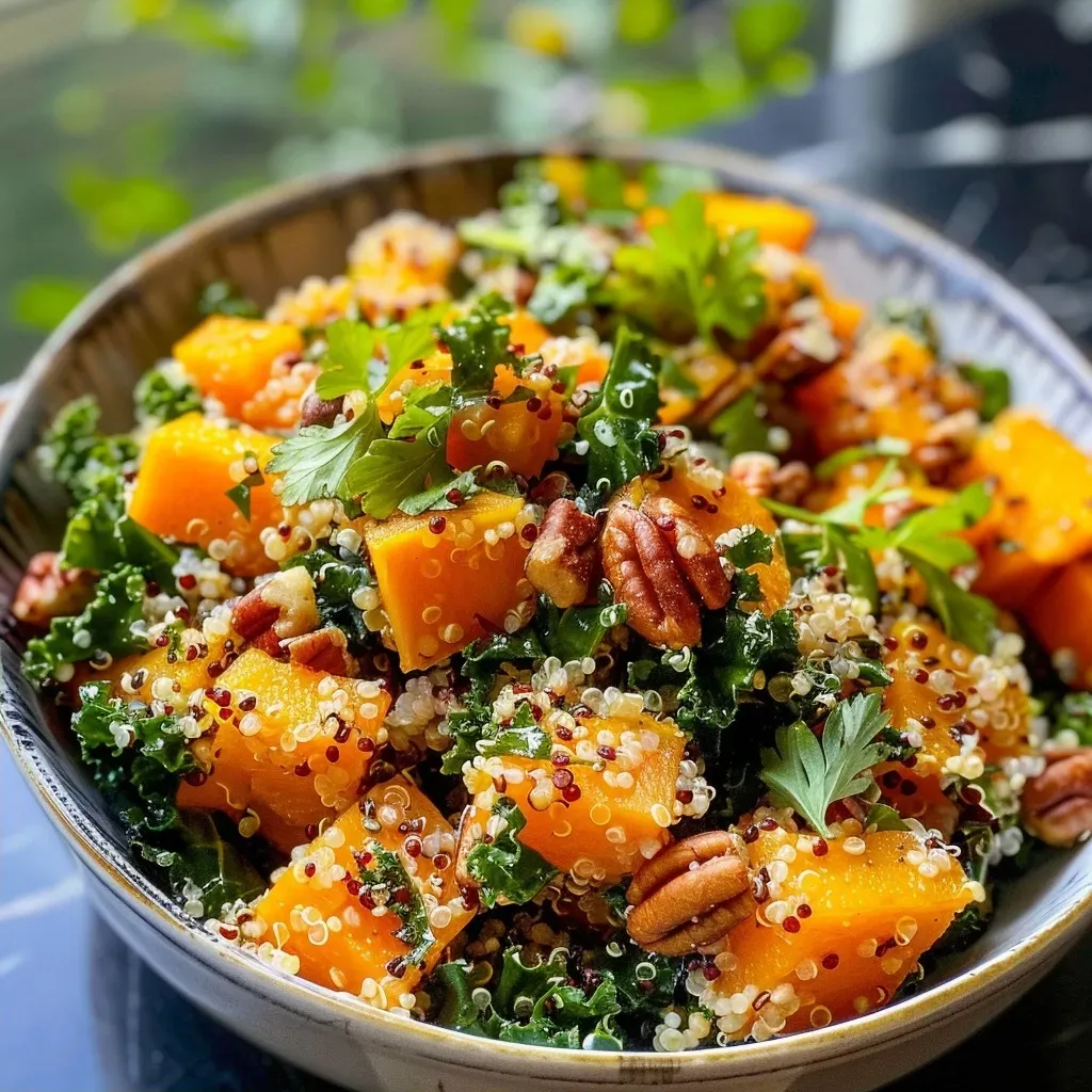 ['Close-up view of a vibrant butternut squash quinoa salad with candied pecans and kale.', 'Side view of a colorful salad featuring cubed butternut squash and chopped kale, topped with pecans.', 'Juicy quinoa salad with roasted butternut squash, kale, and glazed pecans set on a wooden table.', 'Tasty salad filled with quinoa, butternut squash, and leafy kale, garnished with maple pecans.']