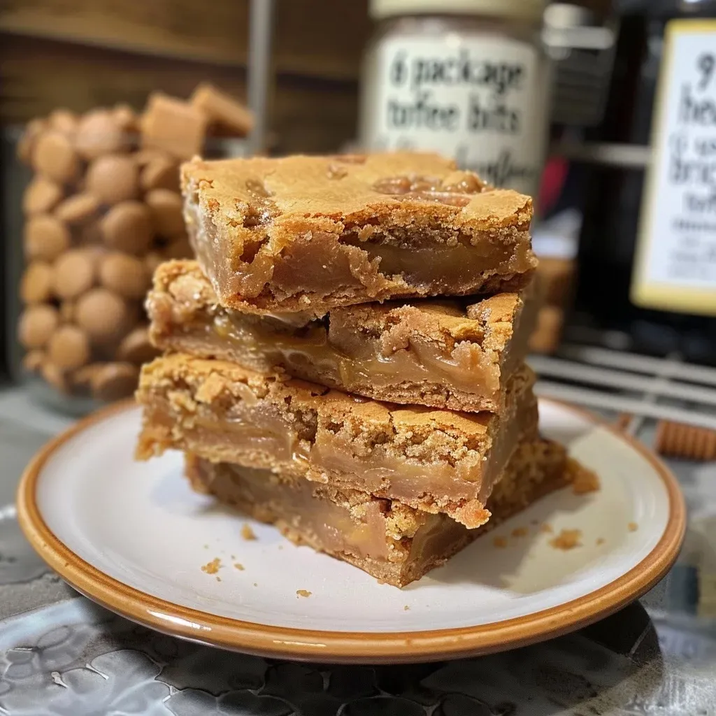 ['Close-up view of delicious butterscotch toffee blondies showing golden brown edges.', 'Side view of freshly baked butterscotch toffee blondies topped with chocolate morsels.', 'Detailed image of moist butterscotch blondies with chunks of toffee, presented on a plate.', 'Tempting side perspective of rich butterscotch toffee blondies, highlighting their soft texture.']