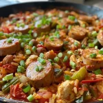['A close-up side view of a bowl filled with Cajun Chicken and Sausage Jambalaya, showcasing juicy sausage and chicken amidst rice and vegetables.', 'A colorful dish of Cajun Chicken and Sausage Jambalaya, highlighting the textures of sliced sausage, chicken chunks, and vibrant vegetables.', 'A savory bowl of Cajun Chicken and Sausage Jambalaya, viewed from the side, revealing rich flavors and ingredients like rice and green onions.', 'A vibrant side view of Cajun Chicken and Sausage Jambalaya, featuring bright vegetables and succulent chicken in a hearty rice dish.']