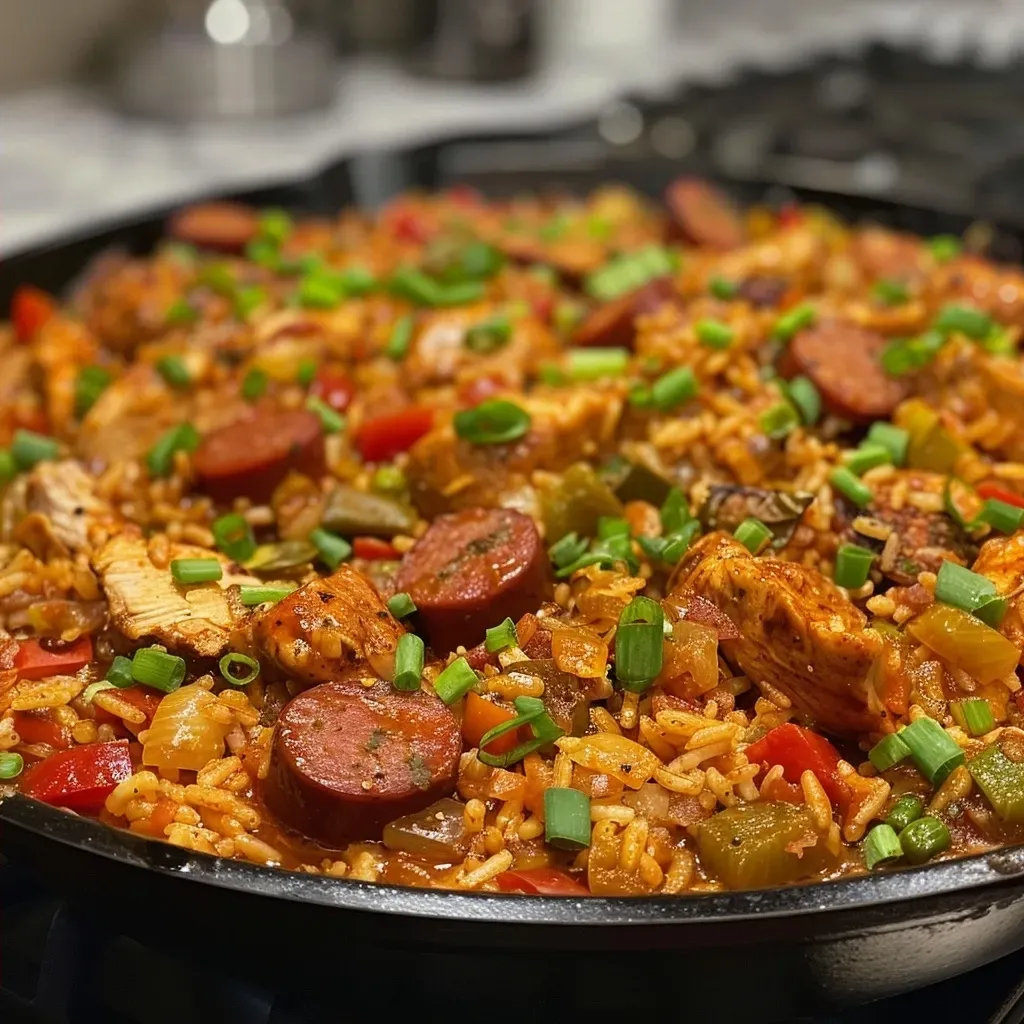 ['A close-up side view of a bowl filled with Cajun Chicken and Sausage Jambalaya, showcasing juicy sausage and chicken amidst rice and vegetables.', 'A colorful dish of Cajun Chicken and Sausage Jambalaya, highlighting the textures of sliced sausage, chicken chunks, and vibrant vegetables.', 'A savory bowl of Cajun Chicken and Sausage Jambalaya, viewed from the side, revealing rich flavors and ingredients like rice and green onions.', 'A vibrant side view of Cajun Chicken and Sausage Jambalaya, featuring bright vegetables and succulent chicken in a hearty rice dish.']