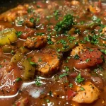 ['Close-up view of a steaming bowl of Cajun Gumbo with chicken, sausage, and vegetables.', 'Side view of a hearty serving of Cajun Gumbo, featuring a mix of meats and colorful vegetables.', 'Delicious Cajun Gumbo displayed in a bowl, showcasing its rich textures and ingredients.', 'A close view of Cajun Gumbo, highlighting chicken thighs, andouille sausage, and okra.']