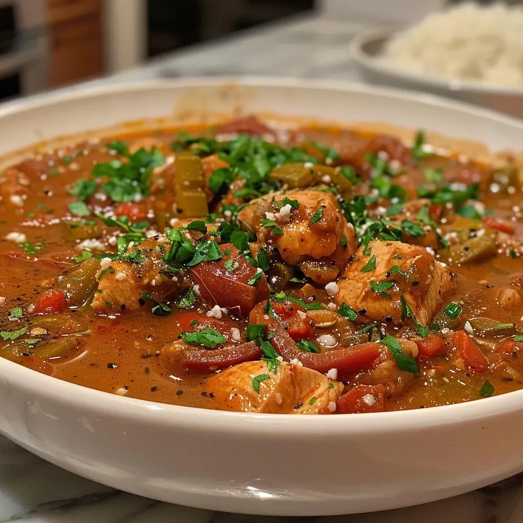 ['Close-up view of a steaming bowl of Cajun Gumbo with chicken, sausage, and vegetables.', 'Side view of a hearty serving of Cajun Gumbo, featuring a mix of meats and colorful vegetables.', 'Delicious Cajun Gumbo displayed in a bowl, showcasing its rich textures and ingredients.', 'A close view of Cajun Gumbo, highlighting chicken thighs, andouille sausage, and okra.']