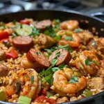 ['Juicy Cajun Jambalaya featuring chicken, shrimp, and sausage, with colorful vegetables.', 'Close-up view of a bowl of Cajun Jambalaya, showcasing chicken, shrimp, and spices.', 'A vibrant plate of Cajun Jambalaya, highlighting the textures of meat and rice.', 'A delicious serving of Cajun Jambalaya, with shrimp and sliced sausage visible.']