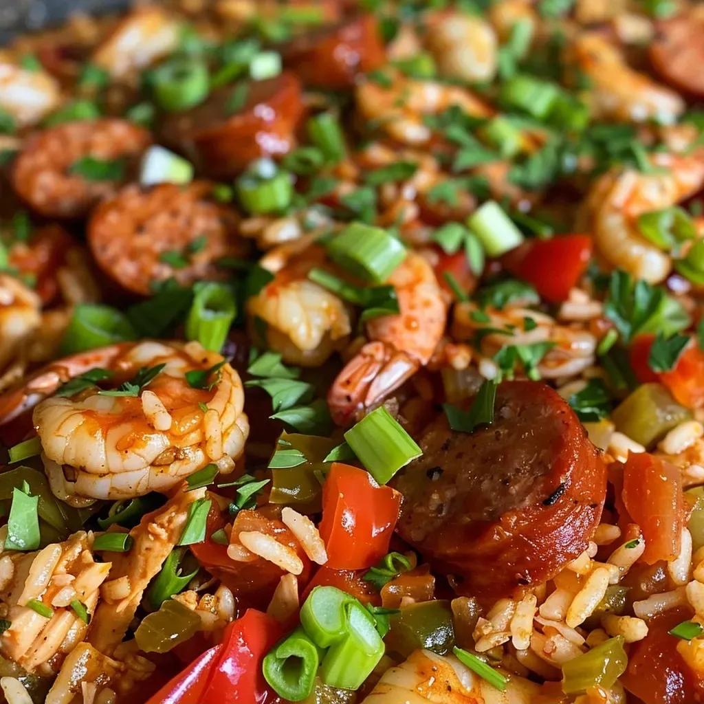 ['Juicy Cajun Jambalaya featuring chicken, shrimp, and sausage, with colorful vegetables.', 'Close-up view of a bowl of Cajun Jambalaya, showcasing chicken, shrimp, and spices.', 'A vibrant plate of Cajun Jambalaya, highlighting the textures of meat and rice.', 'A delicious serving of Cajun Jambalaya, with shrimp and sliced sausage visible.']