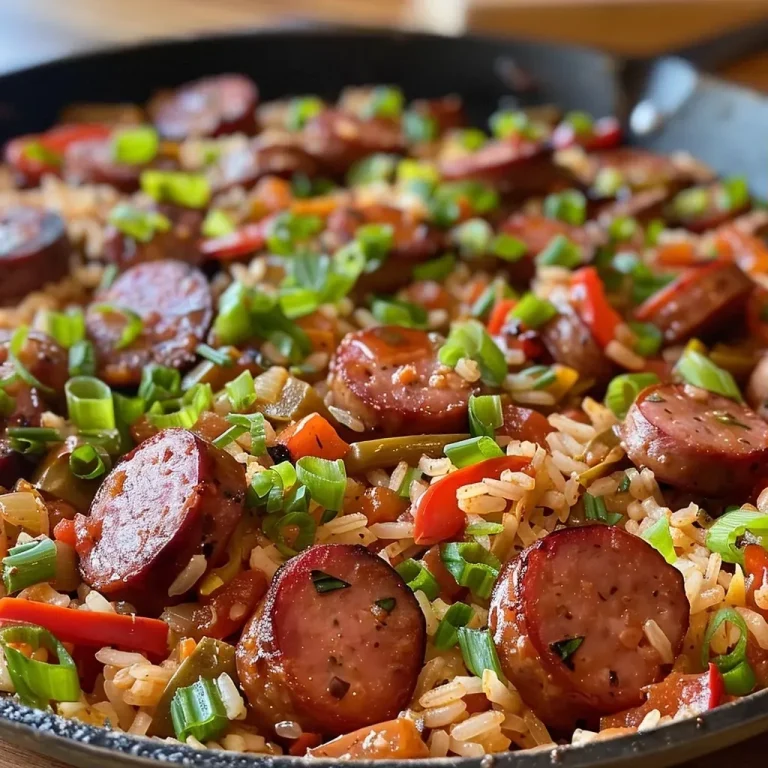 ['Close-up of a Cajun Sausage and Rice Skillet showing sliced sausage and colorful vegetables.', 'Side view of a dish featuring Cajun Sausage and rice with bell peppers and onions.', 'Juicy Cajun Sausage and Rice Skillet served in a pan, garnished with green onions.', 'A vibrant Cajun Sausage and Rice Skillet highlighting the mix of sausage, rice, and spices.']