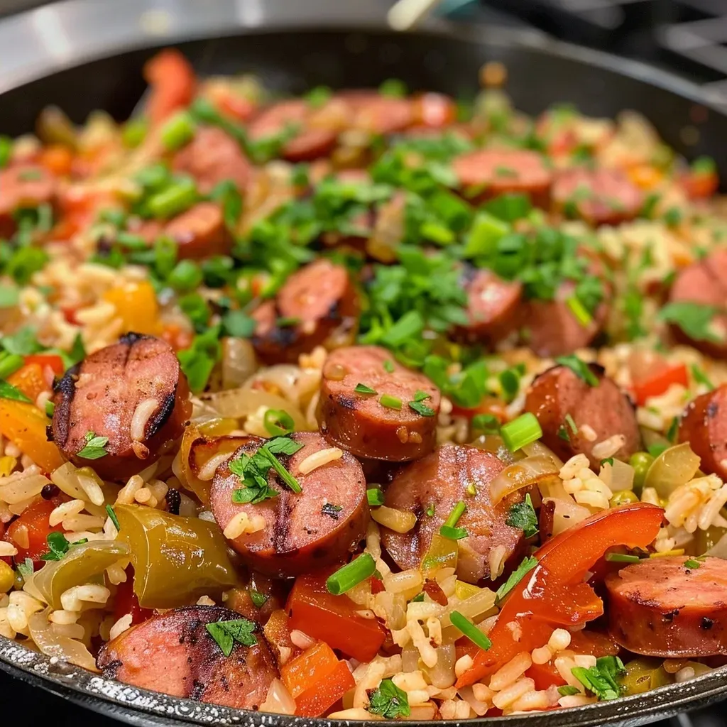 Close-up of a Cajun Sausage and Rice Skillet showing sliced sausage and colorful vegetables.
