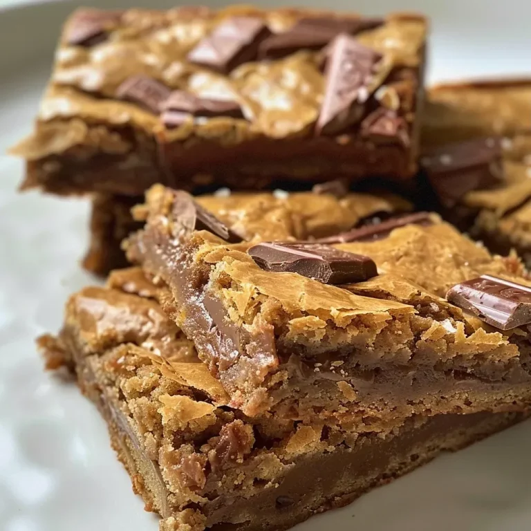 ['A close-up view of golden-brown Candy Bar Blondies, showcasing their chewy texture and chocolate chunks.', 'Side angle photo of decadent Candy Bar Blondies, highlighting the rich caramel color and chocolate candy pieces.', 'Zoomed-in image of Candy Bar Blondies with melted chocolate bits, emphasizing the moist and chewy surface.', 'Close-up shot of freshly baked Candy Bar Blondies, displaying a sprinkle of flaky sea salt on top.']