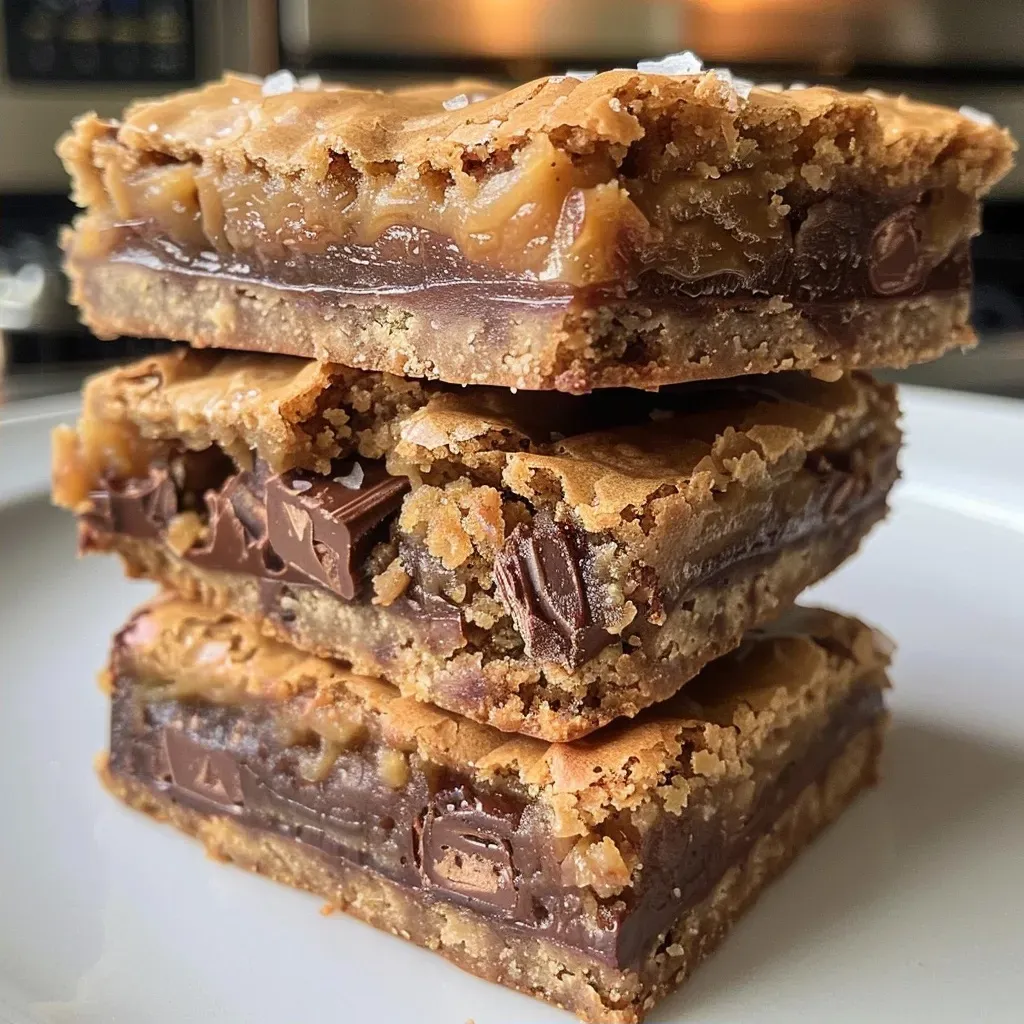 ['A close-up view of golden-brown Candy Bar Blondies, showcasing their chewy texture and chocolate chunks.', 'Side angle photo of decadent Candy Bar Blondies, highlighting the rich caramel color and chocolate candy pieces.', 'Zoomed-in image of Candy Bar Blondies with melted chocolate bits, emphasizing the moist and chewy surface.', 'Close-up shot of freshly baked Candy Bar Blondies, displaying a sprinkle of flaky sea salt on top.']