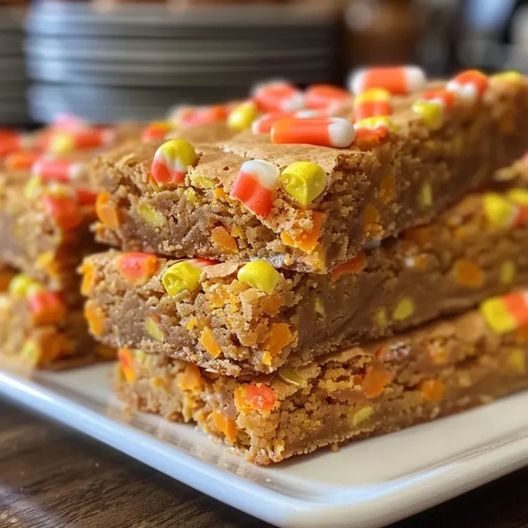 ['Side view of a freshly baked Candy Corn Blondie with a golden-brown crust and colorful candy corn pieces.', 'Close-up of Candy Corn Blondies showing a rich, chewy texture with bright candy corn sprinkled on top.', 'Delicious Candy Corn Blondies laid on a plate, highlighting the gooey center and festive candy corn.', 'A slice of Candy Corn Blondies featuring a warm, inviting exterior and chunks of vibrant candy corn.']