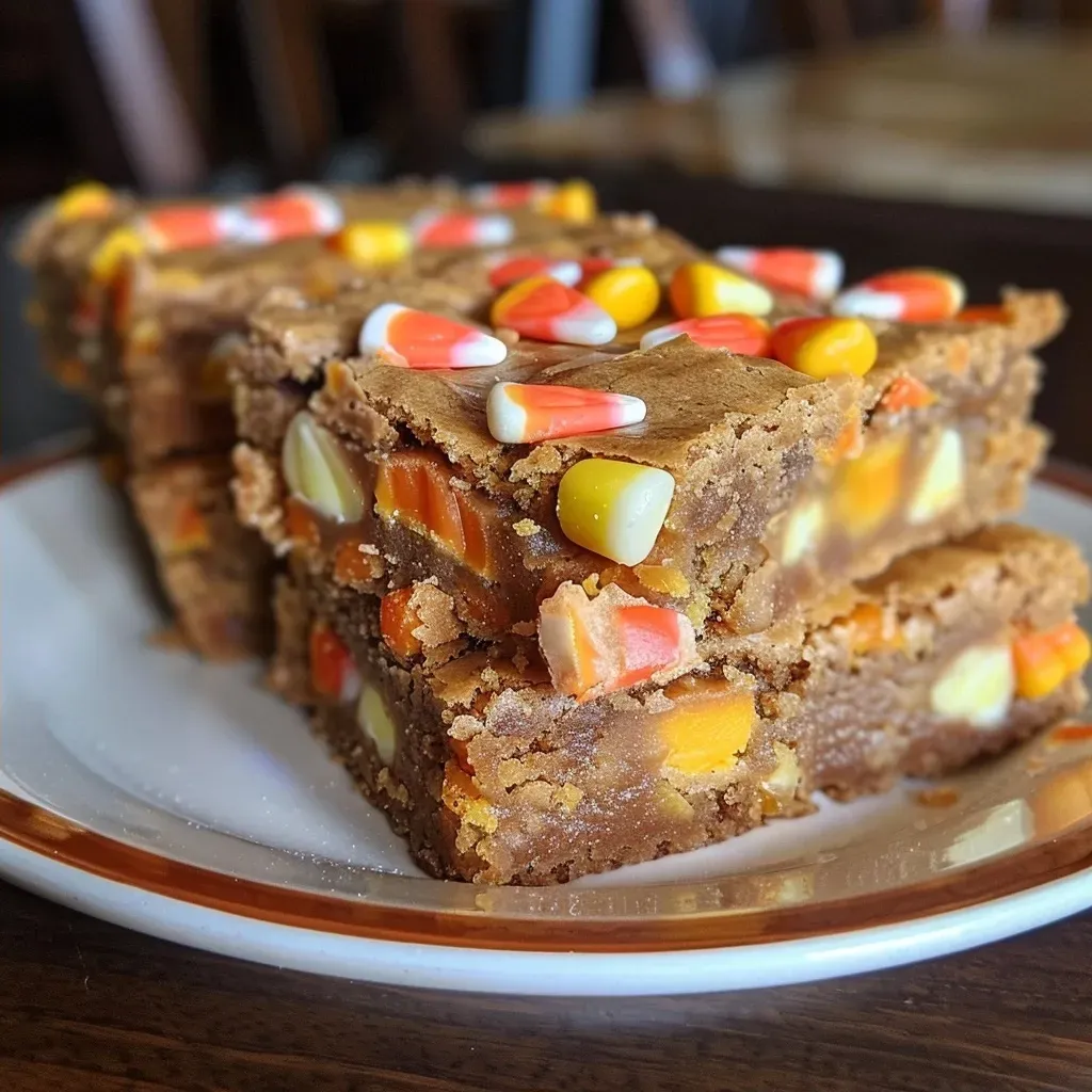 ['Side view of a freshly baked Candy Corn Blondie with a golden-brown crust and colorful candy corn pieces.', 'Close-up of Candy Corn Blondies showing a rich, chewy texture with bright candy corn sprinkled on top.', 'Delicious Candy Corn Blondies laid on a plate, highlighting the gooey center and festive candy corn.', 'A slice of Candy Corn Blondies featuring a warm, inviting exterior and chunks of vibrant candy corn.']