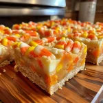 ['Close-up side view of colorful candy corn cookie bars with a soft texture.', 'Juicy candy corn cookie bars topped with vibrant yellow and orange frosting and sprinkles.', 'Delicious cookie bars featuring chunks of candy corn and a creamy frosting finish.', 'Side angle photo of candy corn cookie bars showcasing layers of frosting and festive decorations.']