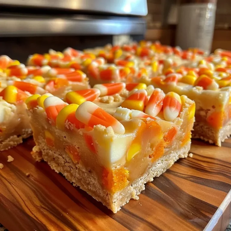 ['Close-up side view of colorful candy corn cookie bars with a soft texture.', 'Juicy candy corn cookie bars topped with vibrant yellow and orange frosting and sprinkles.', 'Delicious cookie bars featuring chunks of candy corn and a creamy frosting finish.', 'Side angle photo of candy corn cookie bars showcasing layers of frosting and festive decorations.']