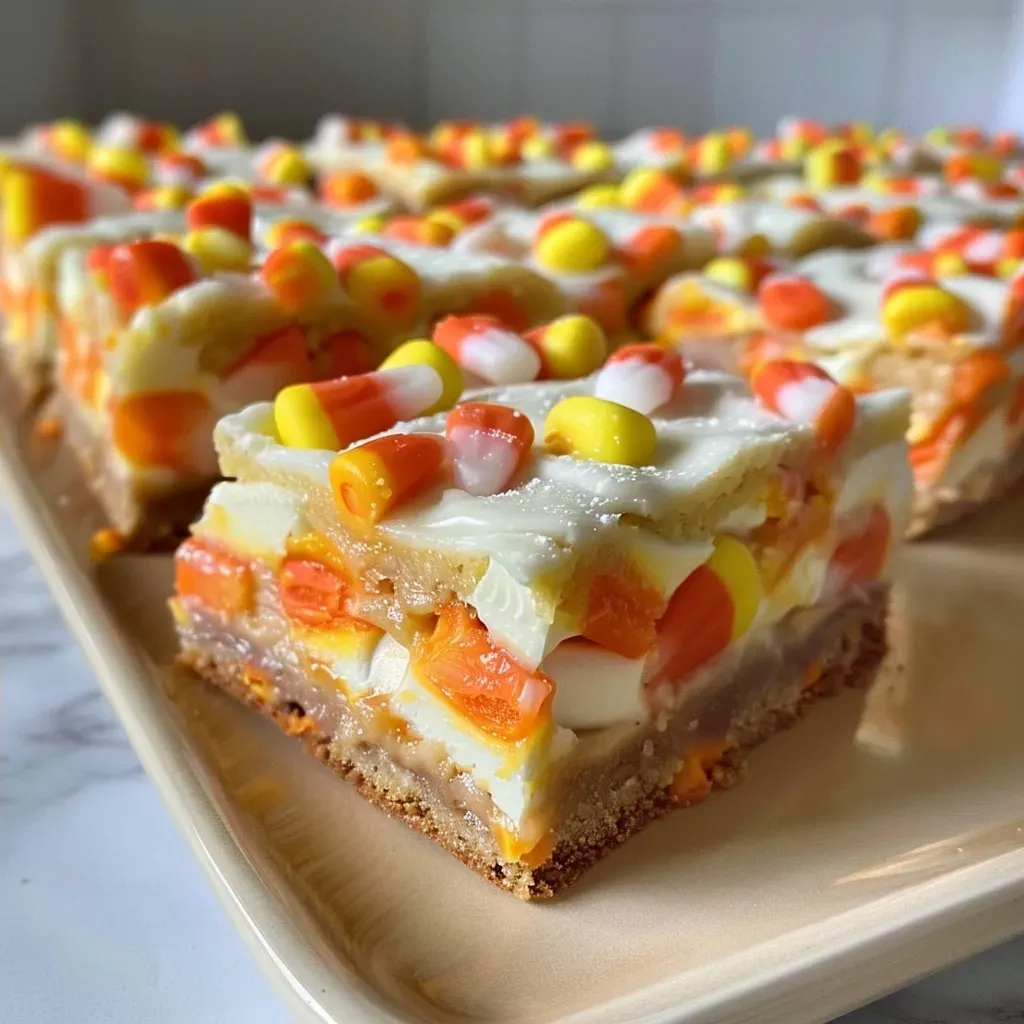['Close-up side view of Candy Corn Cookie Bars with vibrant colors and a soft texture.', 'Juicy Candy Corn Cookie Bars displayed on a white plate, highlighting their colorful toppings.', 'A delicious slice of Candy Corn Cookie Bars with bright candy corn pieces on top.', 'Detail shot of Candy Corn Cookie Bars showcasing the layered frosting and cookie texture.']