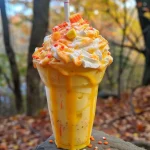 ['A close-up side view of a colorful candy corn milkshake topped with whipped cream and sprinkles.', 'A vibrant candy corn milkshake featuring layers of orange and yellow colors, garnished with whipped cream.', 'A delicious candy corn milkshake with a creamy texture, adorned with festive toppings, captured from the side.', 'A refreshing milkshake in orange and yellow hues, topped with whipped cream, resembling candy corn.']