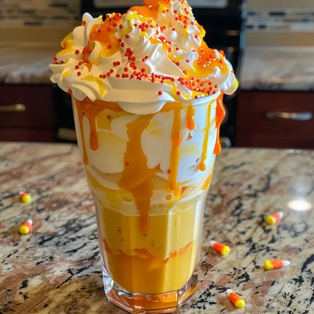 ['A close-up side view of a colorful candy corn milkshake topped with whipped cream and sprinkles.', 'A vibrant candy corn milkshake featuring layers of orange and yellow colors, garnished with whipped cream.', 'A delicious candy corn milkshake with a creamy texture, adorned with festive toppings, captured from the side.', 'A refreshing milkshake in orange and yellow hues, topped with whipped cream, resembling candy corn.']