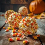 ['Close-up of colorful candy corn popcorn balls on a wooden surface.', 'Side view of candy corn popcorn balls showcasing a mix of popcorn and candy corn.', 'Juicy candy corn popcorn balls arranged neatly, highlighting their texture and colors.', 'Delicious popcorn balls decorated with candy corn, displayed on a bright background.']
