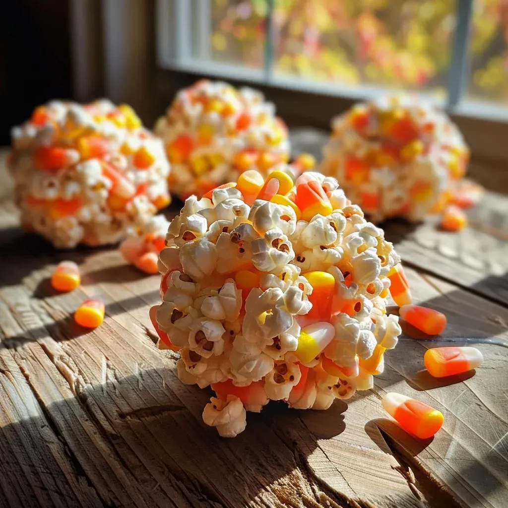 ['Close-up view of colorful Candy Corn Popcorn Balls with a shiny coating.', 'Side view of Candy Corn Popcorn Balls showcasing their yellow and orange candy corn pieces.', 'Juicy Candy Corn Popcorn Balls stacked together, highlighting their fluffy popcorn texture.', 'Brightly colored Candy Corn Popcorn Balls with bits of candy corn visible on the surface.']