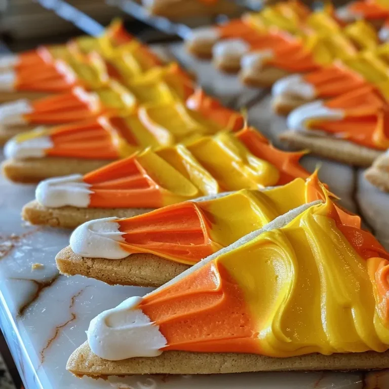 ['Close-up view of sugar cookies decorated with yellow, orange, and white frosting resembling candy corn.', 'Side view of colorful Candy Corn Sugar Cookies with vibrant frosting in yellow, orange, and white.', 'Detailed shot of sugar cookies topped with candy corn-themed frosting, showcasing their festive colors.', 'Tasty sugar cookies featuring bright yellow, orange, and white icing arranged in a playful style.']