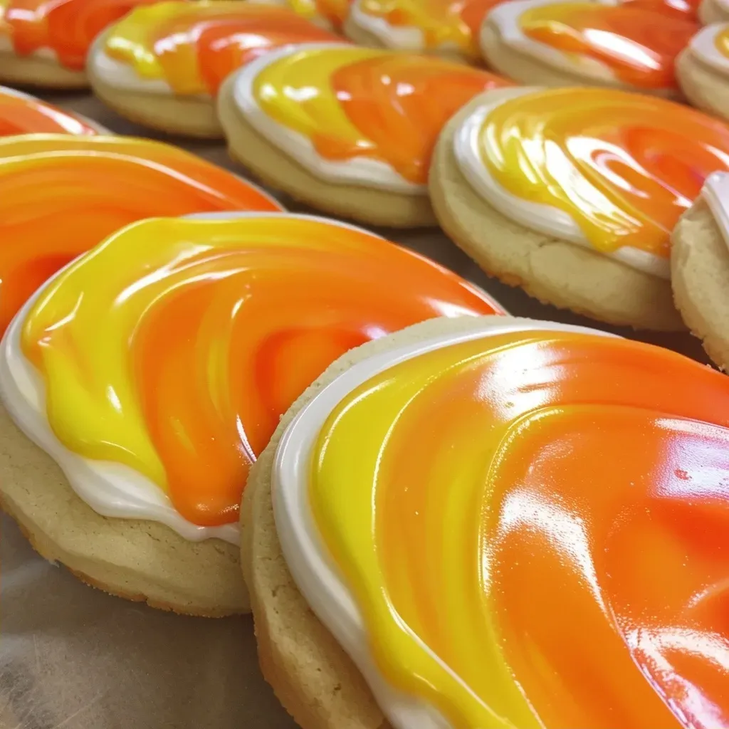['Close-up view of sugar cookies decorated with yellow, orange, and white frosting resembling candy corn.', 'Side view of colorful Candy Corn Sugar Cookies with vibrant frosting in yellow, orange, and white.', 'Detailed shot of sugar cookies topped with candy corn-themed frosting, showcasing their festive colors.', 'Tasty sugar cookies featuring bright yellow, orange, and white icing arranged in a playful style.']