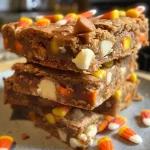 ['Close-up view of Candy Corn White Chocolate Blondies with visible candy corn and white chocolate.', 'Side view of moist blondies featuring bright candy corn and creamy white chocolate chips.', 'Image showcases a slice of Candy Corn White Chocolate Blondie, highlighting its texture and ingredients.', 'Delicious looking blondies loaded with candy corn and white chocolate in a close-up shot.']