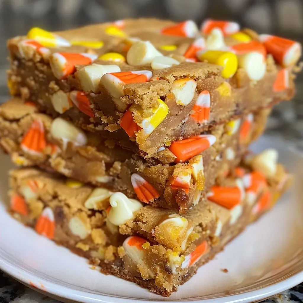 ['Close-up view of Candy Corn White Chocolate Blondies with visible candy corn and white chocolate.', 'Side view of moist blondies featuring bright candy corn and creamy white chocolate chips.', 'Image showcases a slice of Candy Corn White Chocolate Blondie, highlighting its texture and ingredients.', 'Delicious looking blondies loaded with candy corn and white chocolate in a close-up shot.']